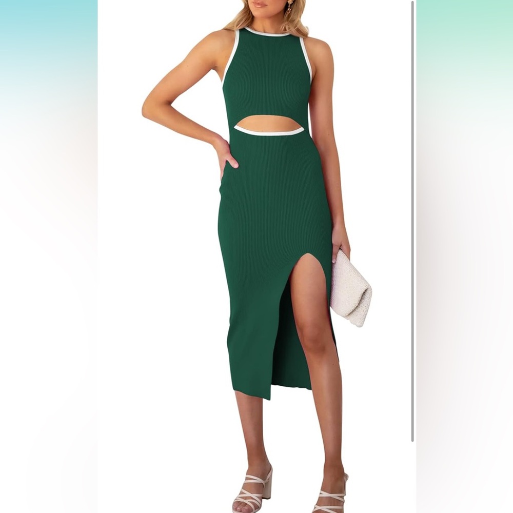 Pink Queen Women's Cutout Sleeveless Tank Slit Ribbed Bodycon Midi Dresses green